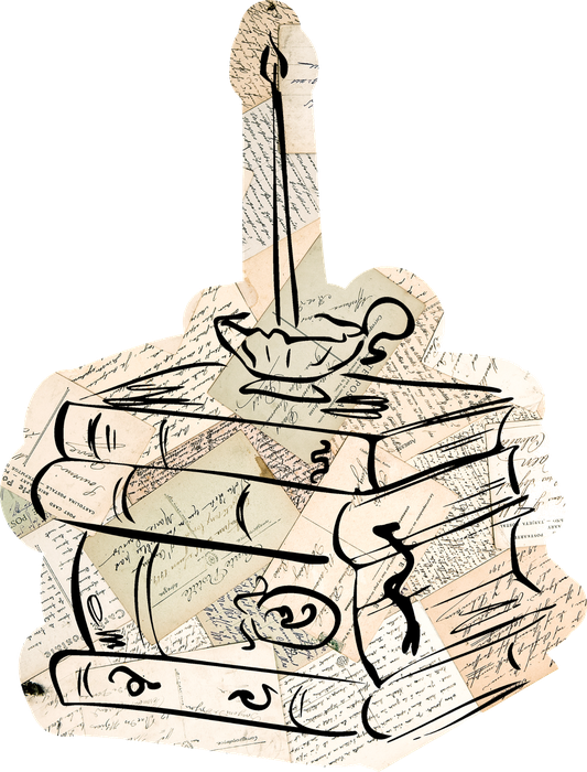 Hand-drawn illustration of a candle on a stack of old books, collaged with vintage letters