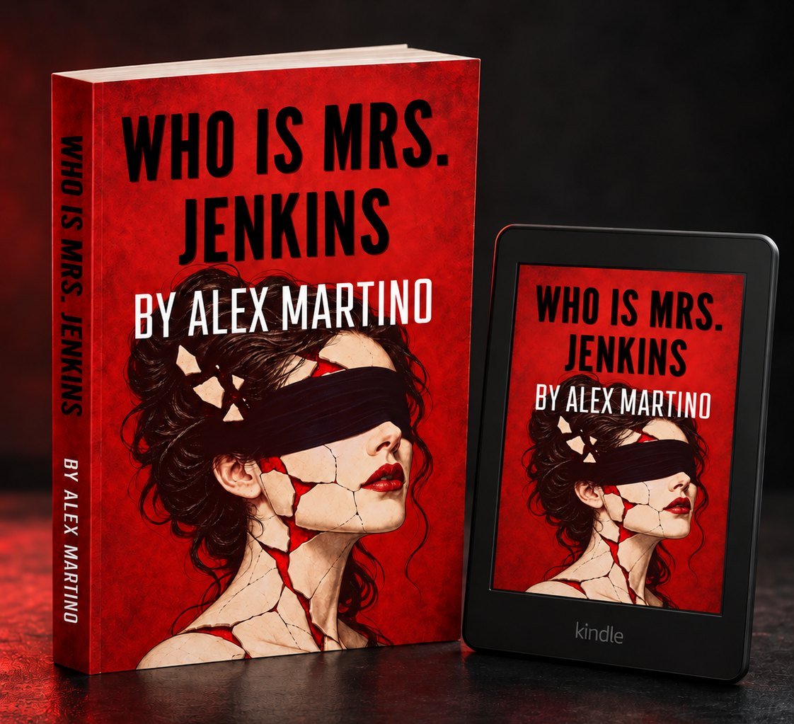 Who Is Mrs. Jenkins? by Alex Martino: red cover showing a blindfolded woman with cracked porcelain skin, in paperback and on a Kindle